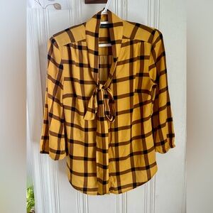 Chic Mustard Plaid Blouse with Tie-Front